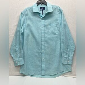 Button Down Mens Linen Blend Shirt Large 32-33 Aqua Blue Classic Casual Career